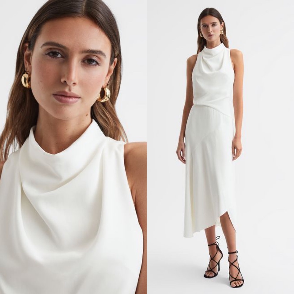 Reiss Giana White High Neck Draped Midi Dress